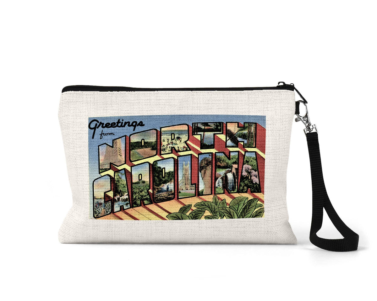North Carolina vintage postcard wristlet travel pouch
