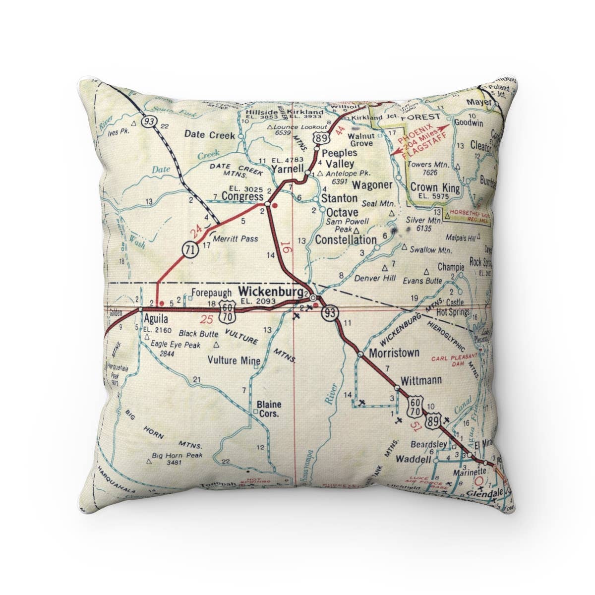 Wickenburg Arizona vintage map throw pillow