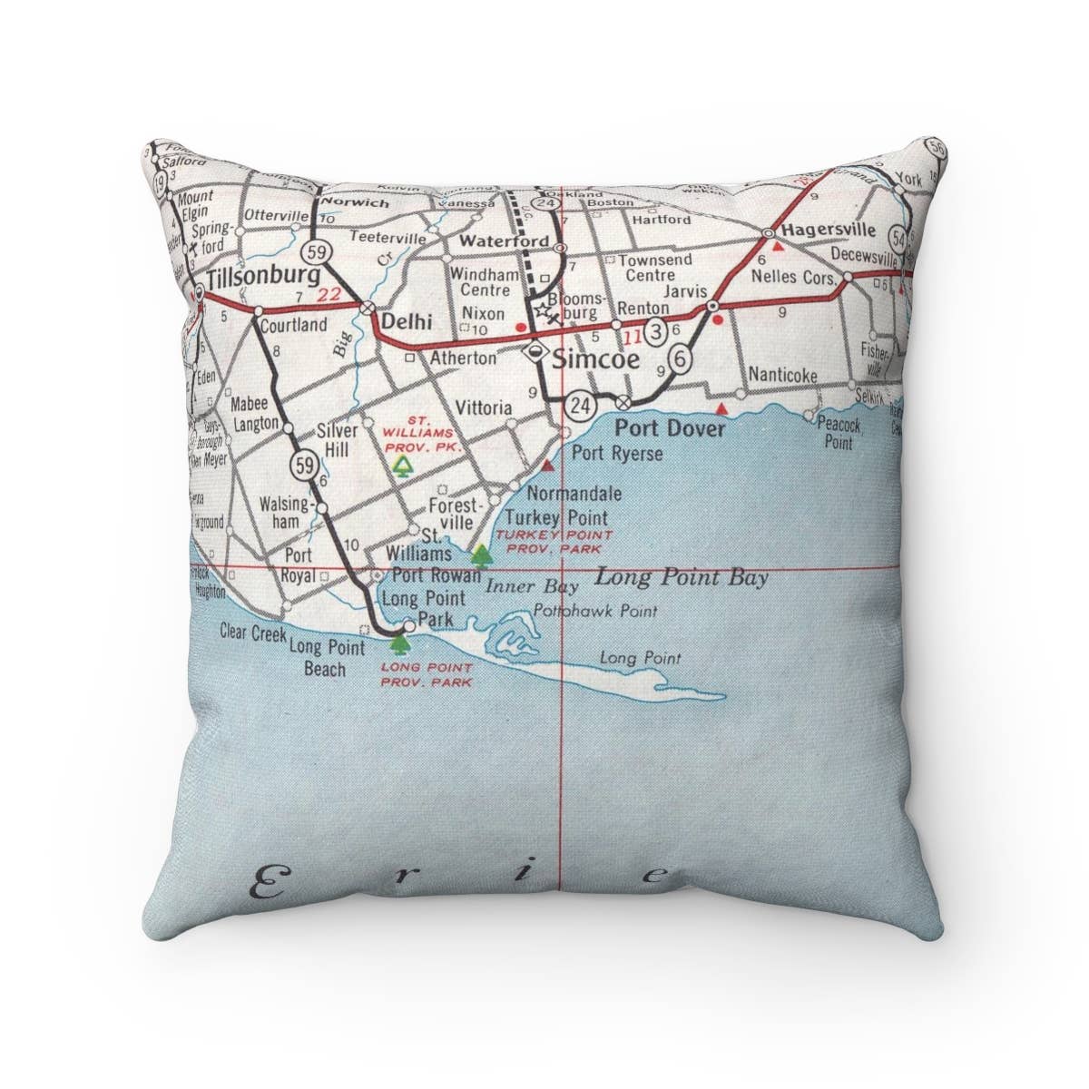 Long Point Ontario vintage map throw pillow