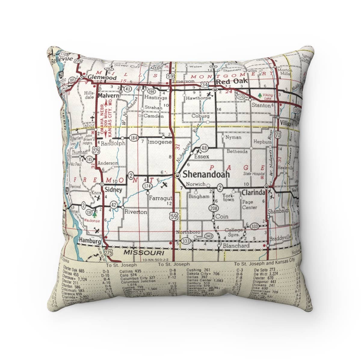 Shenandoah Iowa vintage map throw pillow