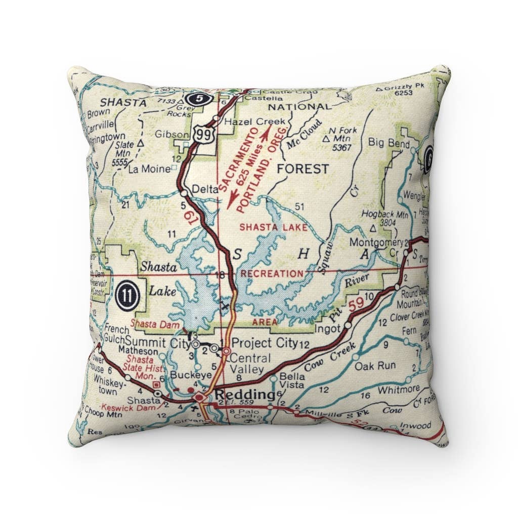 Shasta Lake California vintage map throw pillow