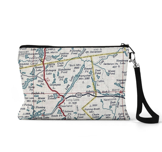Long Lake New York map wristlet travel pouch