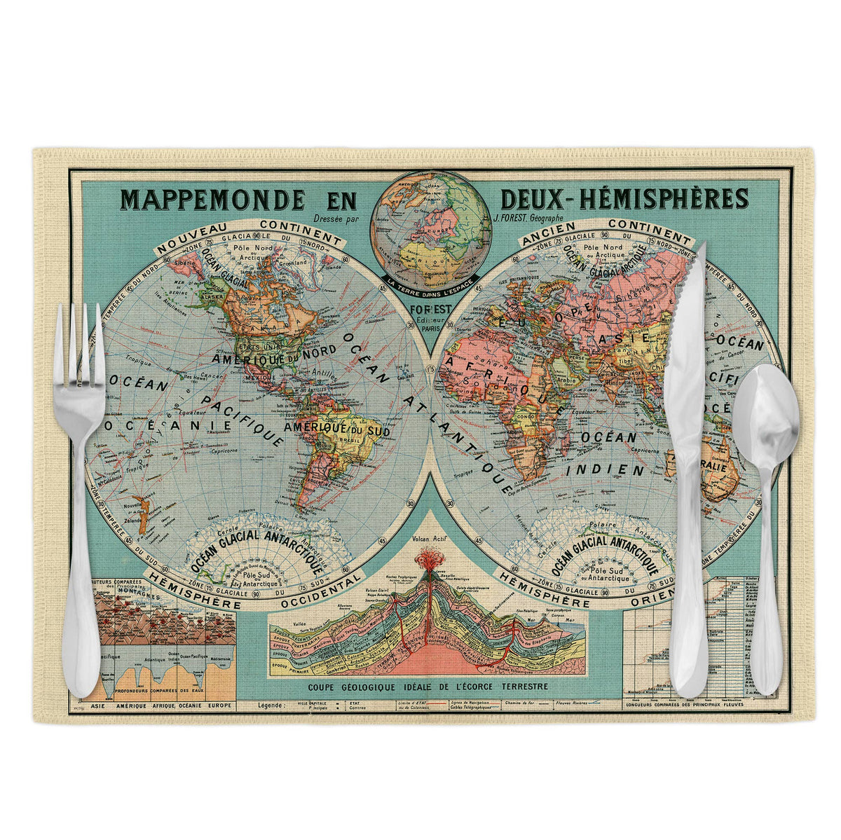 French World Hemispheres vintage map placemats set of 4