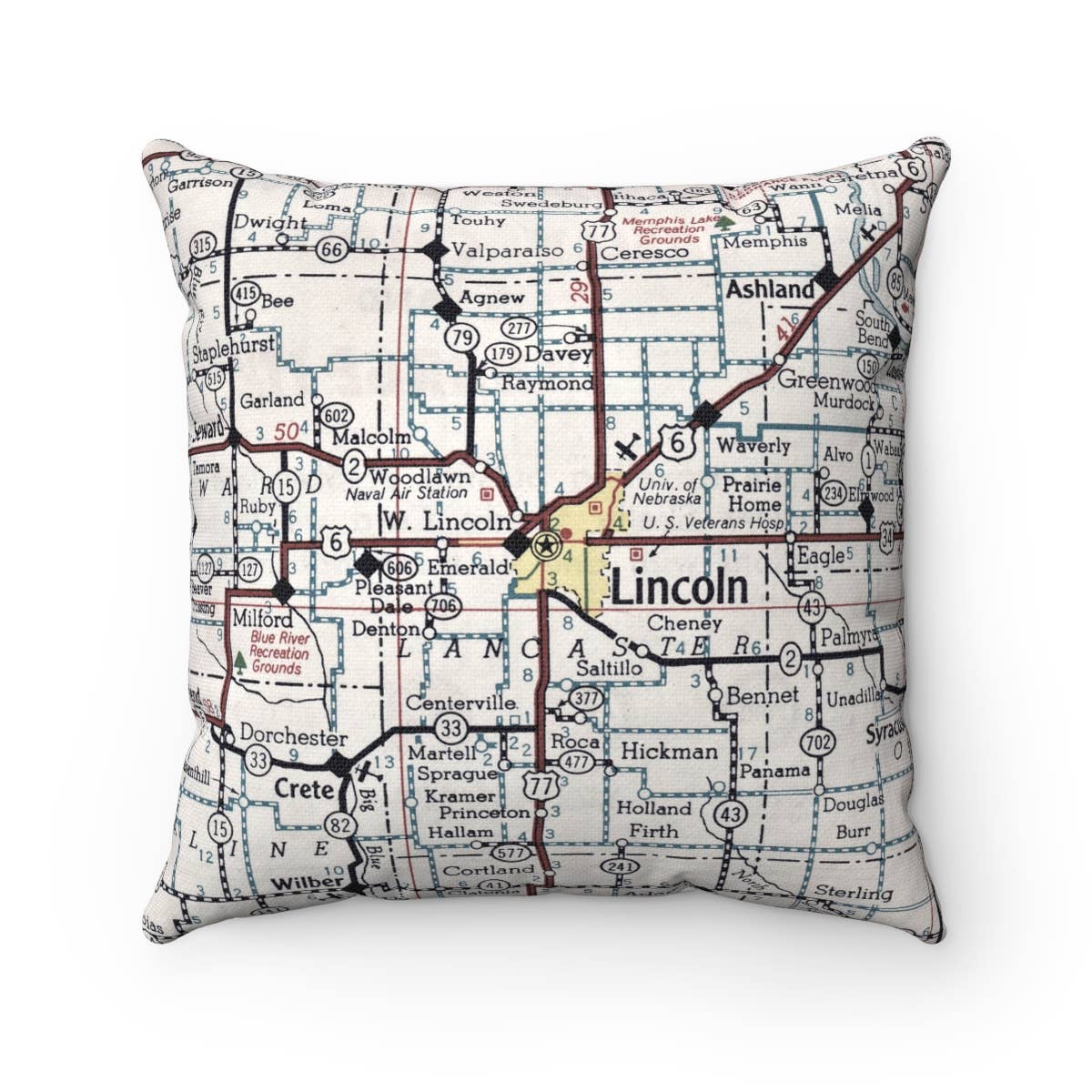 Lincoln Nebraska University of Nebraska vintage map throw pillow