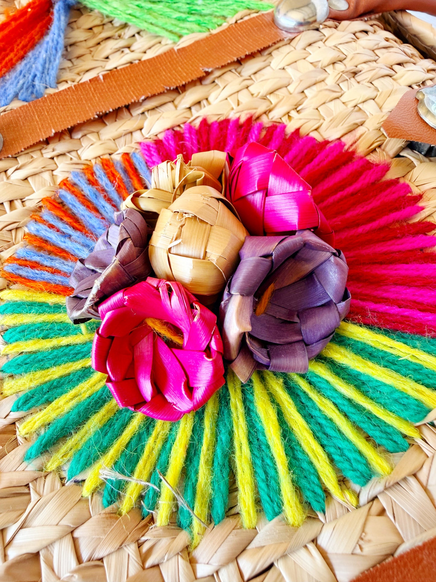 Vintage Handwoven Mexican Straw Bag with Leather Handles & Embroidery