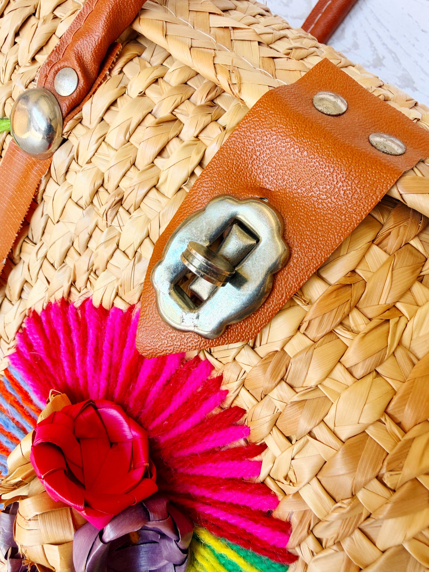 Vintage Handwoven Mexican Straw Bag with Leather Handles & Embroidery