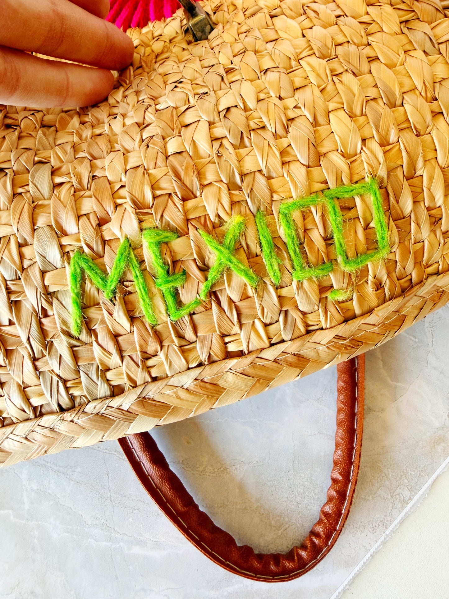 Vintage Handwoven Mexican Straw Bag with Leather Handles & Embroidery