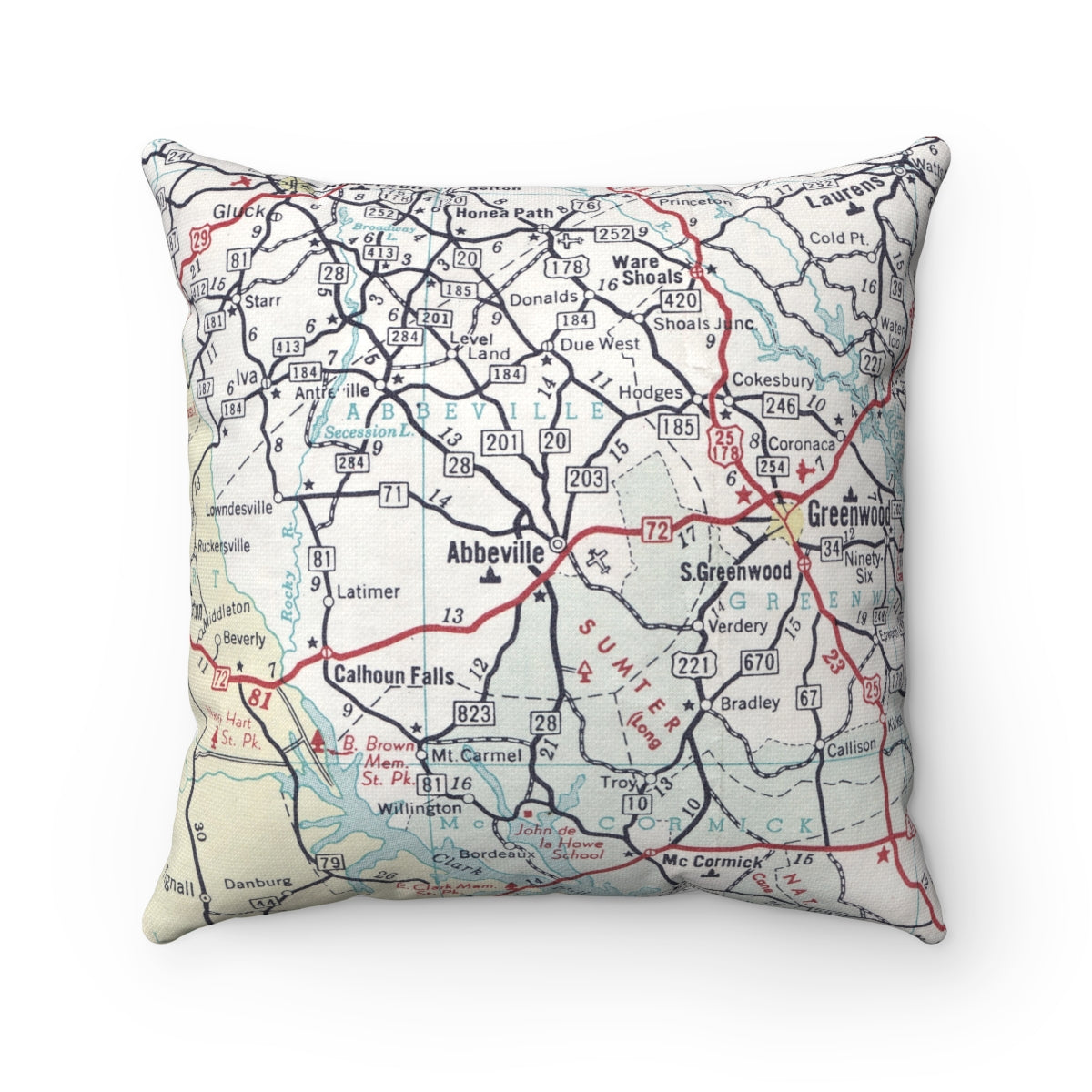 Abbeville South Carolina vintage map throw pillow front view