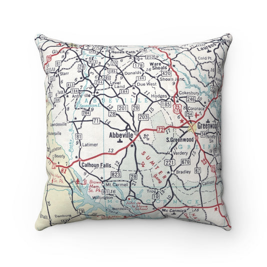 Abbeville South Carolina vintage map throw pillow front view