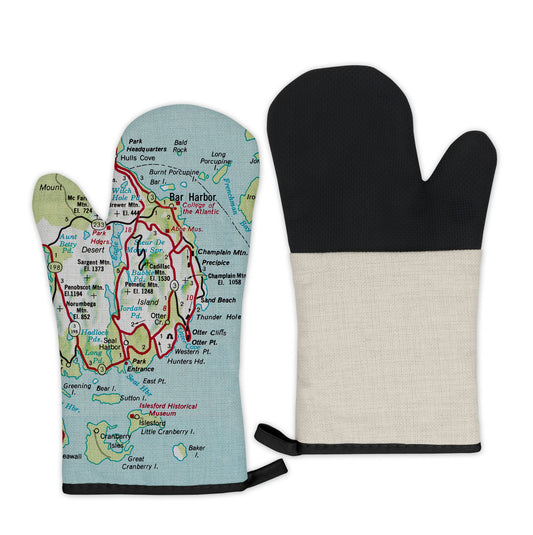 Acadia National Park Oven Mitt – Bar Harbor Maine Map Kitchen Gift, Coastal Maine Cooking Accessory, Hostess Gift, Travel-Inspired Kitchen Decor
