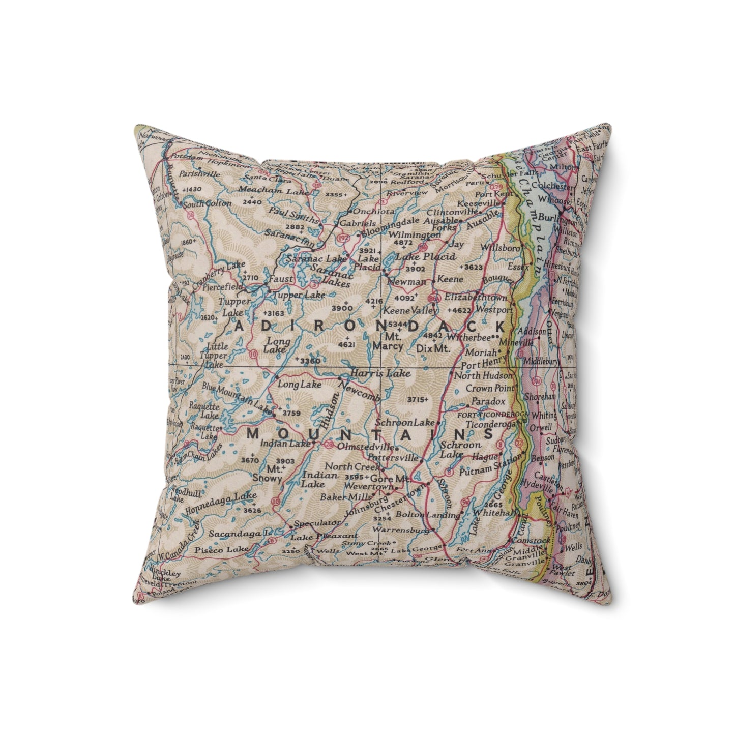 Adirondack Mountains vintage map throw pillow front view