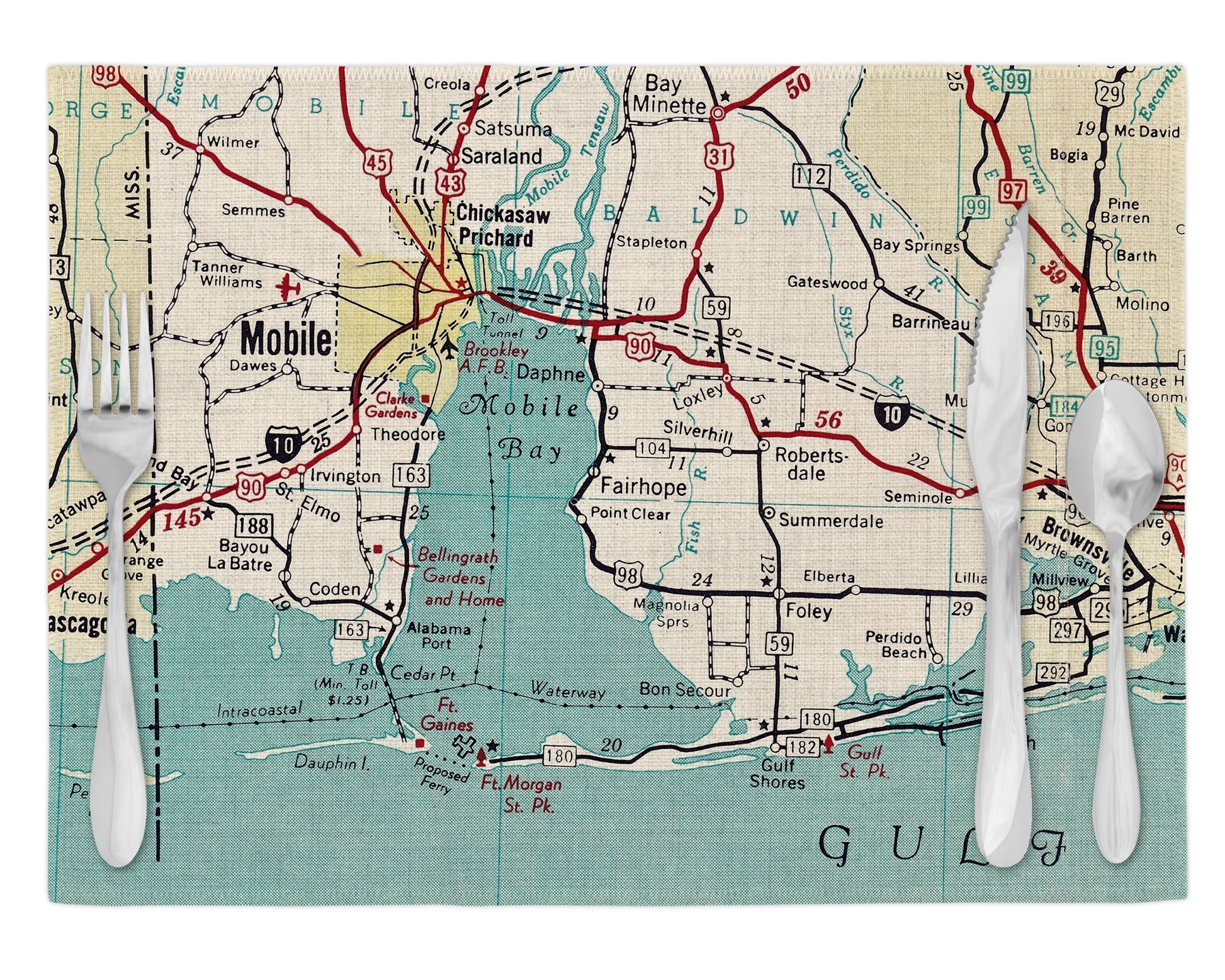 Alabama Gulf Coast Vintage Map Placemats Set of 4