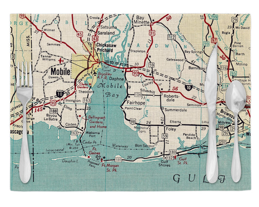 Alabama Gulf Coast Vintage Map Placemats Set of 4