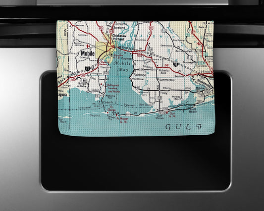 Alabama Gulf Coast Map Tea Towel | Waffle-Weave Kitchen Towel Gift