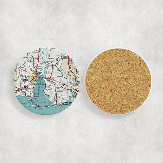Alabama Gulf Coast Map Coasters | Set of 4 Vintage Alabama Gulf Coast Drink Coasters | Travel-Inspired Home Decor