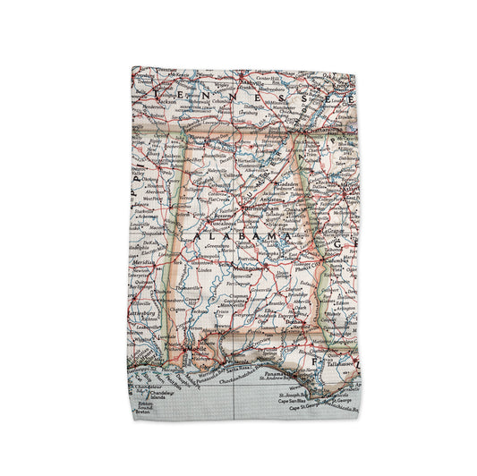 Alabama Map Tea Towel | Vintage Alabama Waffle Weave Kitchen Towel | Southern Home Decor