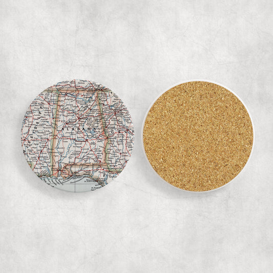 Alabama Map Coasters | Set of 4 Vintage Alabama Drink Coasters | Travel-Inspired Home Decor