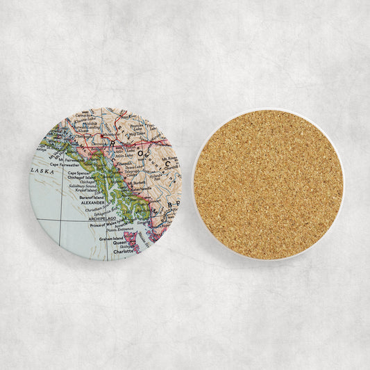 Alaska Inside Passage Map Coasters | Set of 4 Vintage Alaska Inside Passage Drink Coasters | Travel-Inspired Home Decor