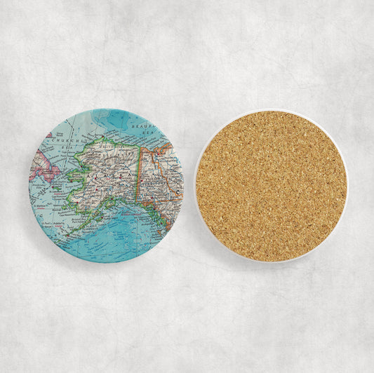 Alaska Map Coasters | Set of 4 Vintage Alaska Drink Coasters | Travel-Inspired Home Decor