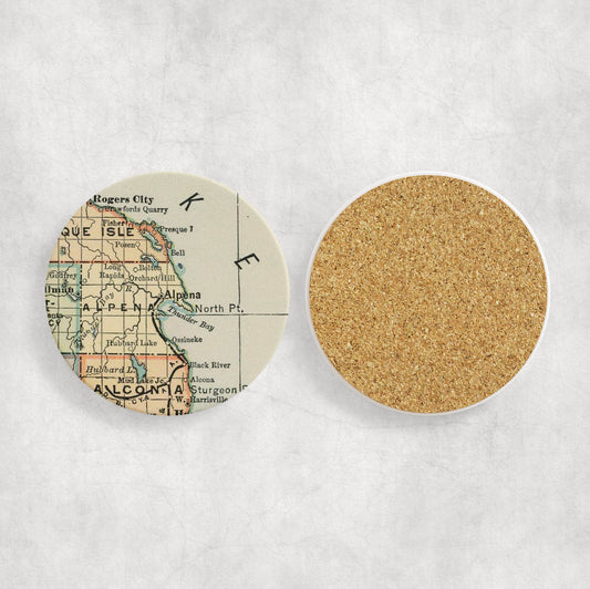 Alpena Michigan Map Coasters | Set of 4 Vintage Alpena Michigan Drink Coasters | Travel-Inspired Home Decor