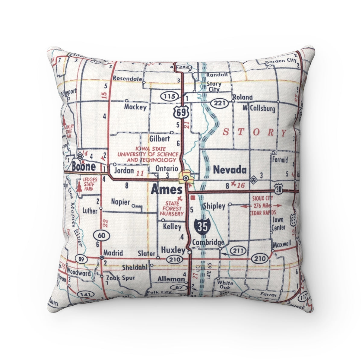 Ames Iowa vintage map throw pillow front view