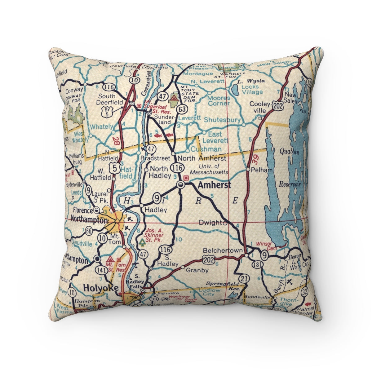 Amherst Massachusetts vintage map throw pillow front view