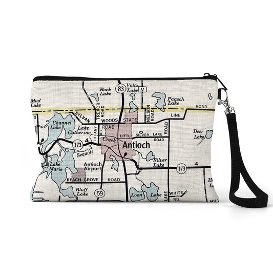 Antioch Illinois map wristlet travel pouch