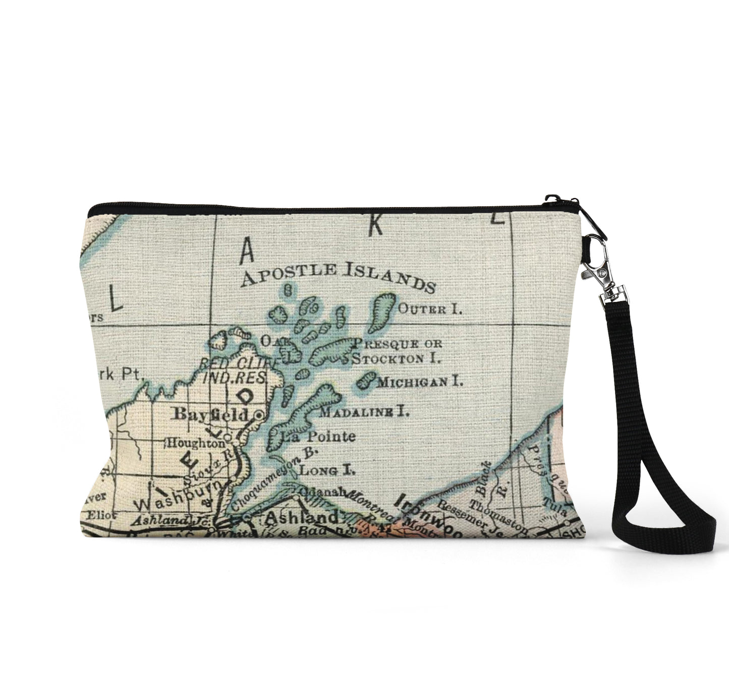 Apostle Islands Wisconsin map wristlet travel pouch