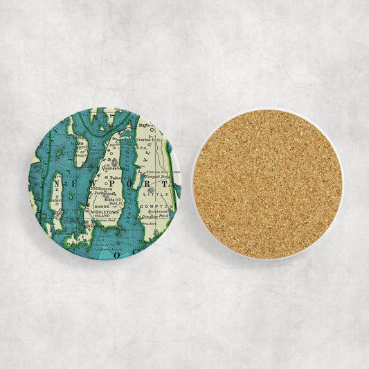 Aquidneck Island Rhode Island Map Coasters | Set of 4 Vintage Aquidneck Island Rhode Island Drink Coasters | Travel-Inspired Home Decor