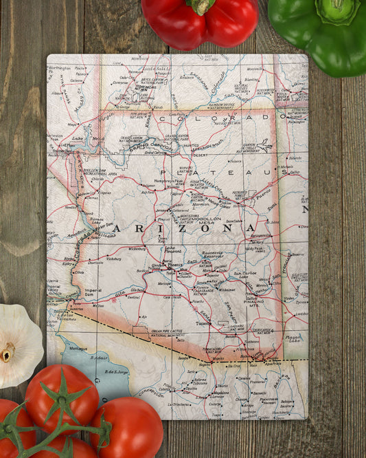 Arizona Map Glass Cutting Board – Vintage Map Kitchen Decor, Southwest Gift, Grand Canyon Cutting Board