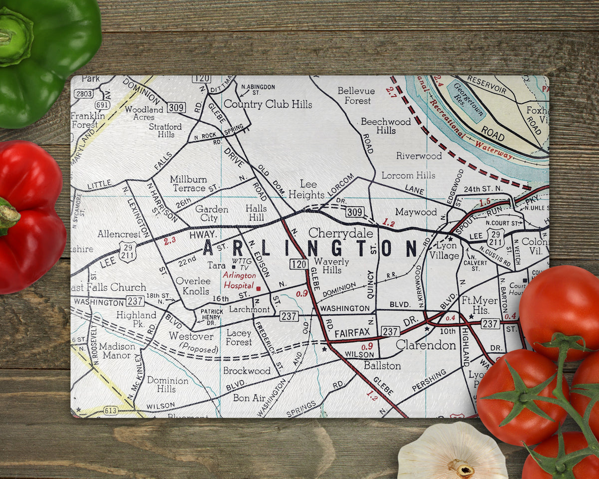 Arlington Virginia Vintage Map Glass Cutting Board