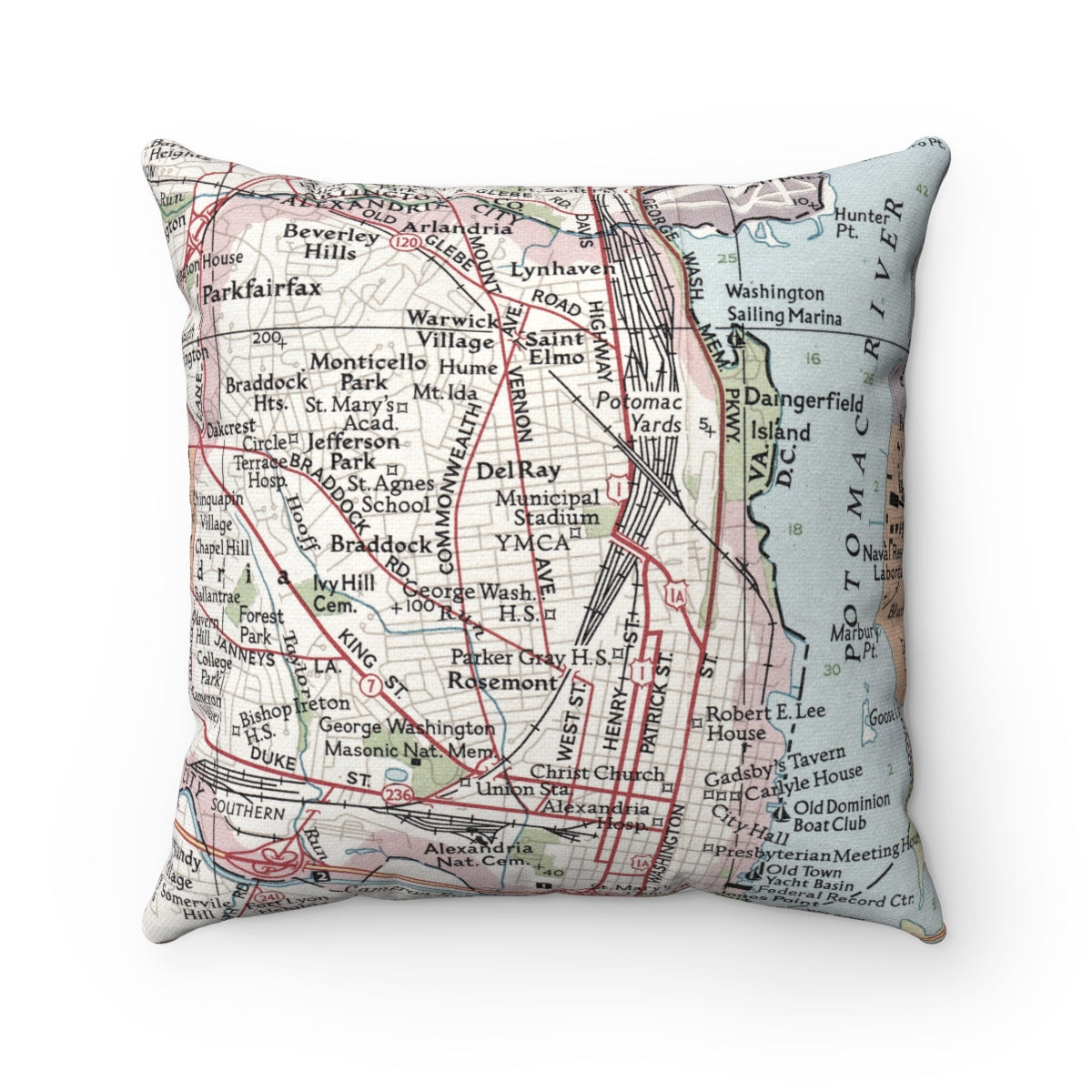 Arlington Virginia vintage map throw pillow front view
