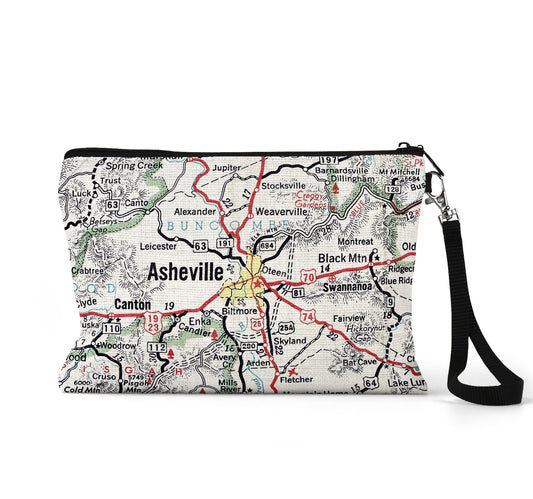 Asheville North Carolina Map Pouch | Vintage Asheville Travel Zipper Pouch | Mountain Town Accessory