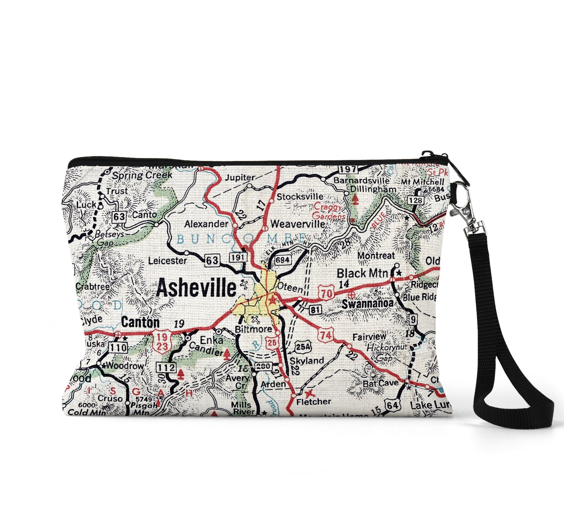 Asheville North Carolina map wristlet travel pouch