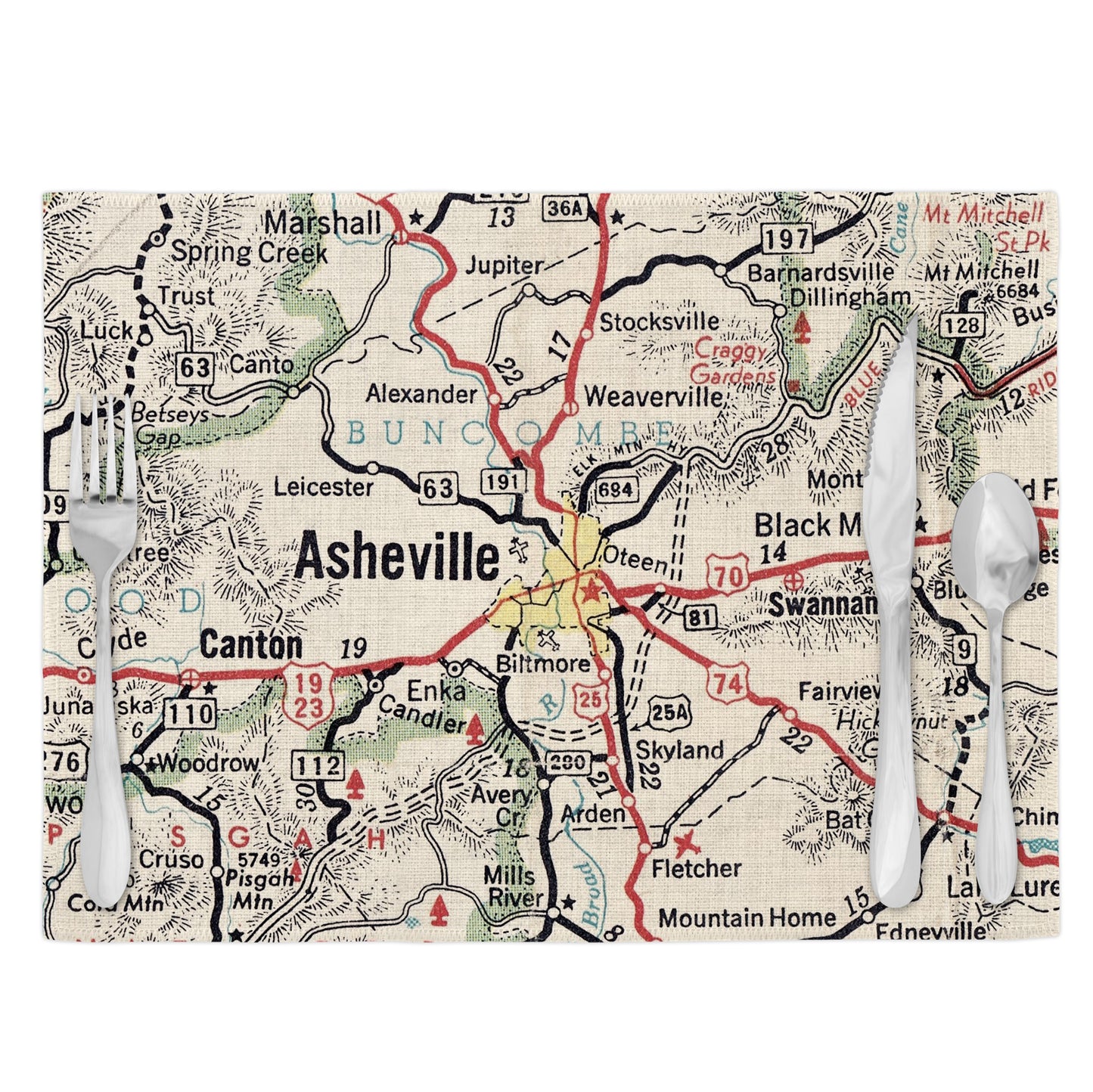 Asheville North Carolina Vintage Map Placemats Set of 4