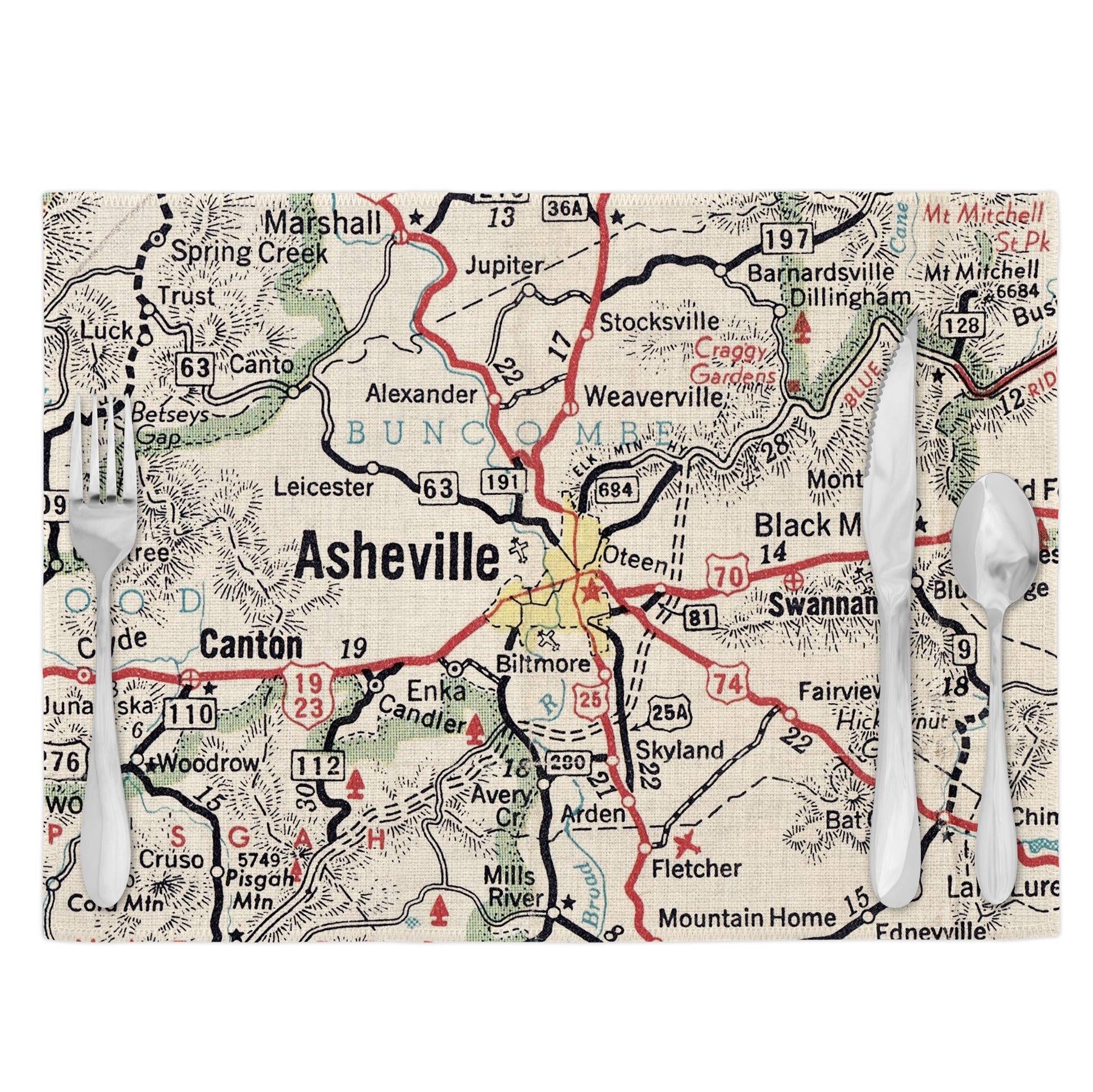 Asheville North Carolina Vintage Map Placemats Set of 4