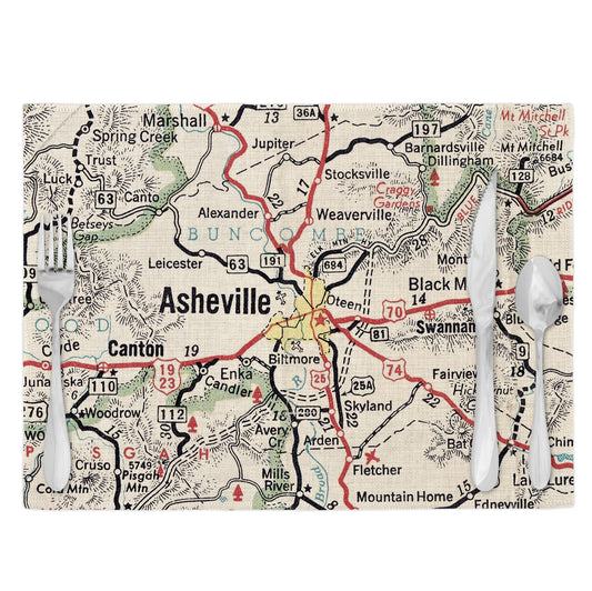 Asheville North Carolina Vintage Map Placemats Set of 4