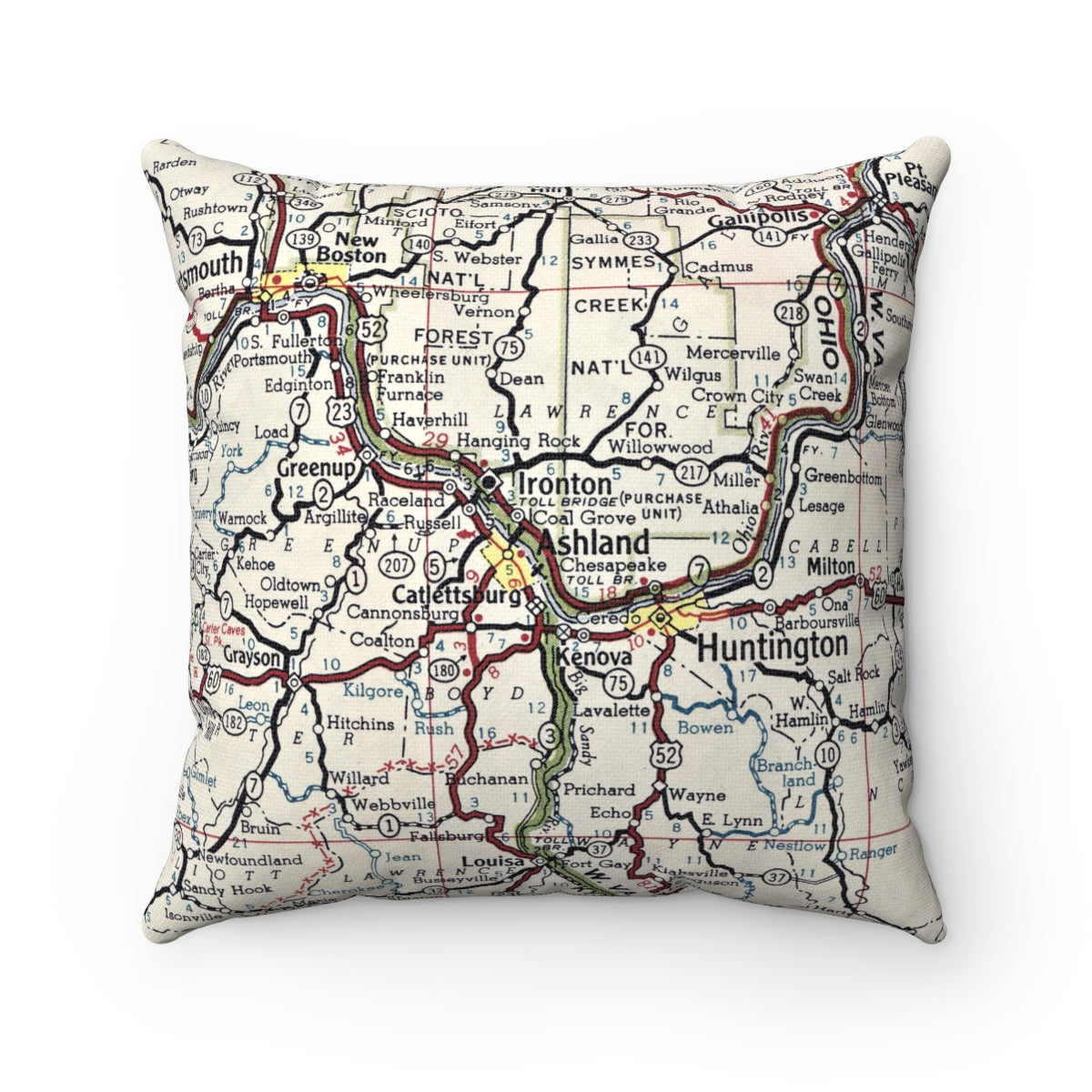 Ashland Kentucky vintage map throw pillow front view