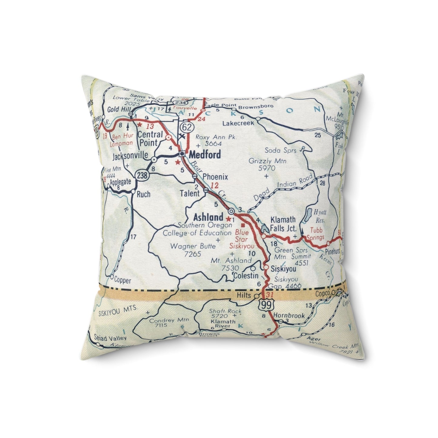 Ashland Oregon vintage map throw pillow front view