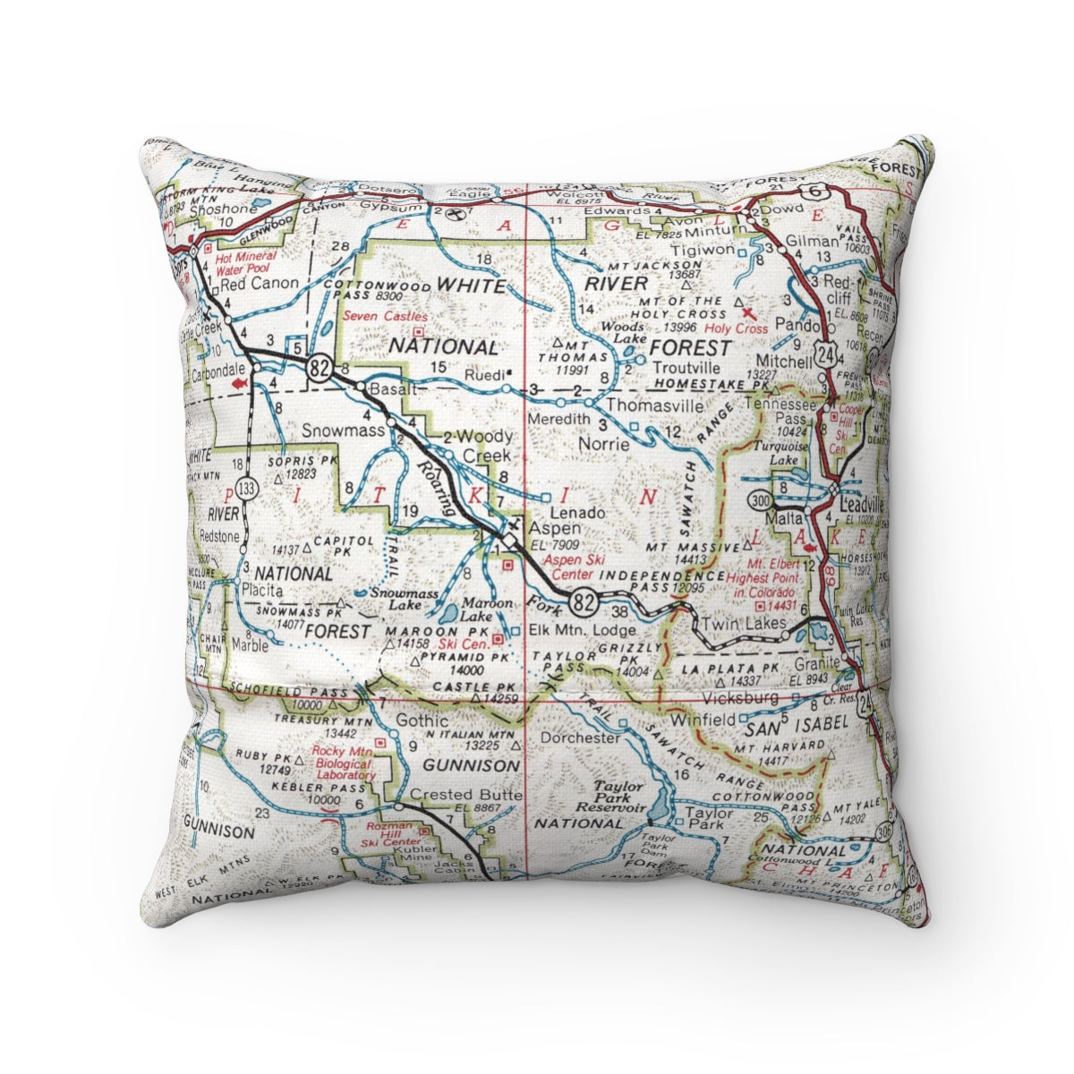 Aspen Colorado vintage map throw pillow front view