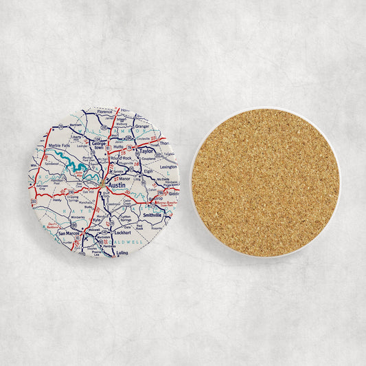 Austin Texas Map Coasters | Set of 4 Vintage Austin Texas Drink Coasters | Travel-Inspired Home Decor