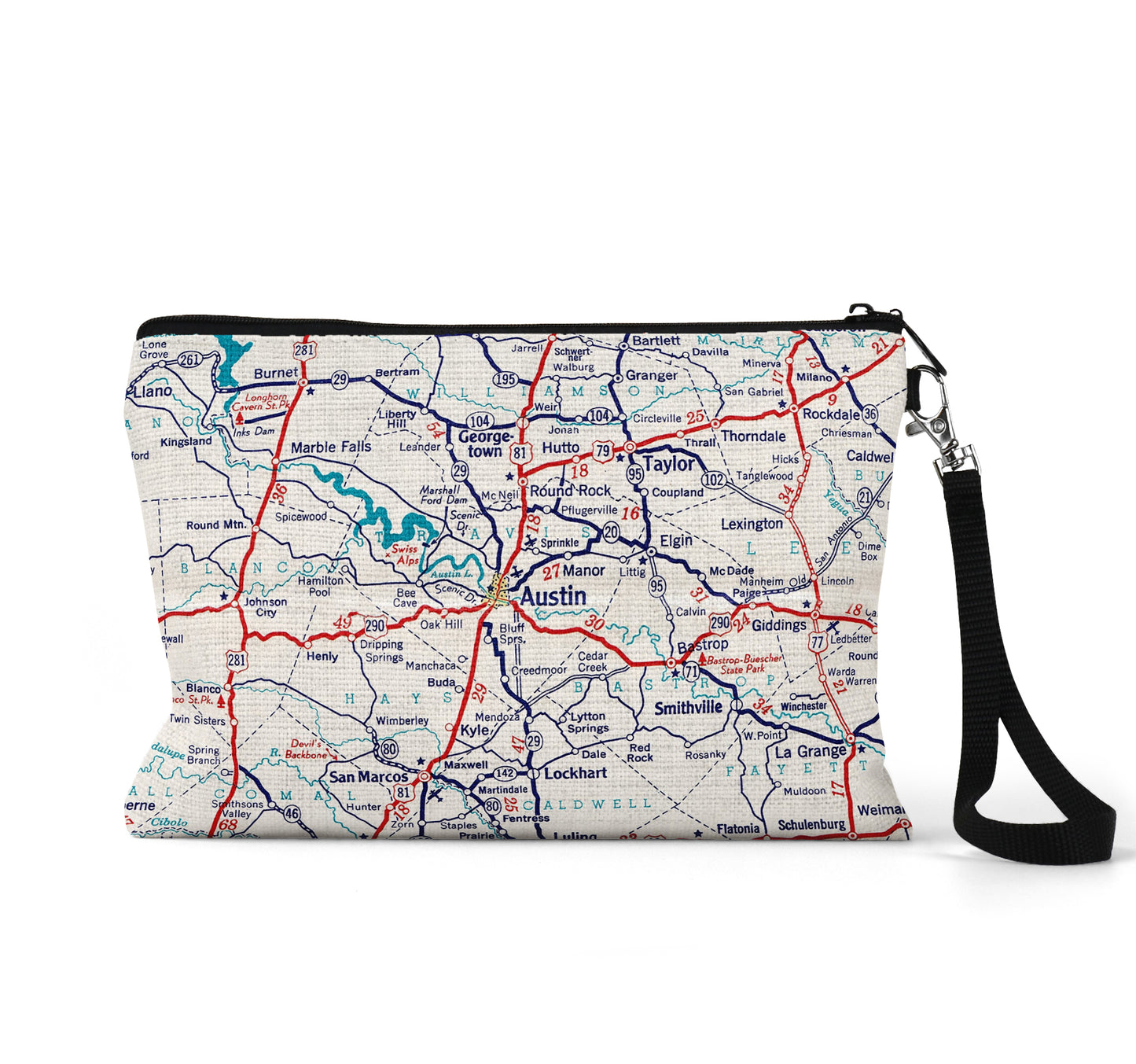 Austin Texas map wristlet travel pouch
