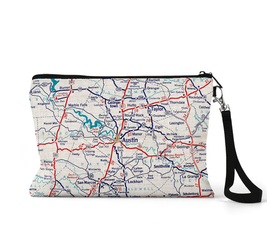 Austin Texas map wristlet travel pouch