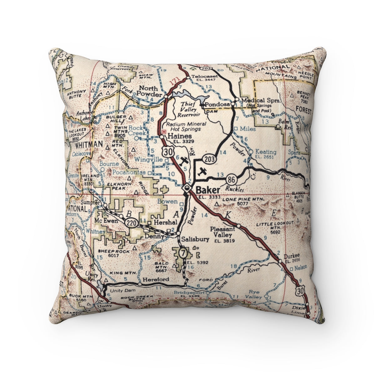 Baker Oregon vintage map pillow