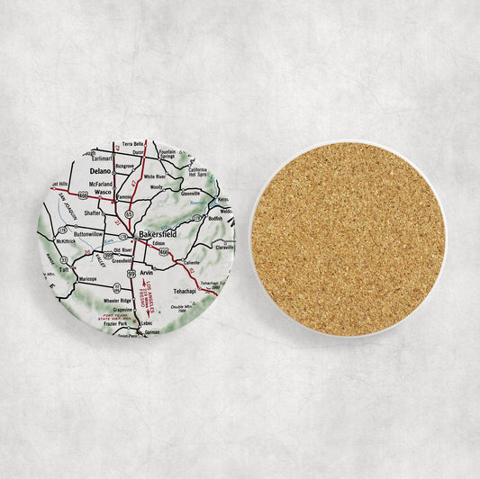 Bakersfield California Map Coasters | Set of 4 Vintage Bakersfield California Drink Coasters | Travel-Inspired Home Decor
