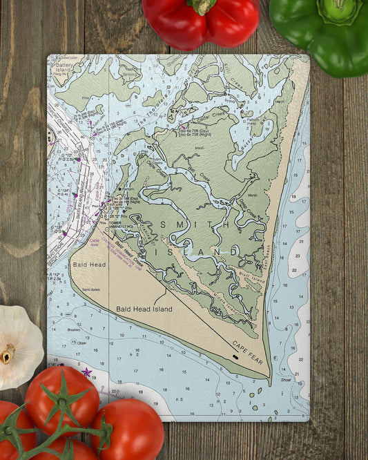 Bald Head Island North Carolina Vintage Map Glass Cutting Board Charcuterie