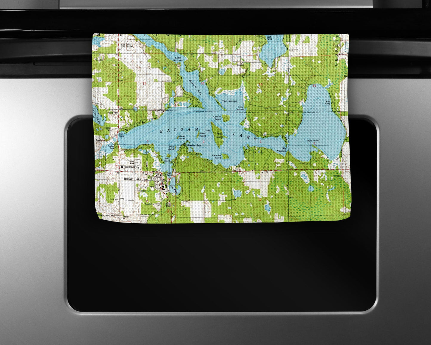 Balsam Lake Wisconsin Map Tea Towel | Waffle-Weave Kitchen Towel Gift