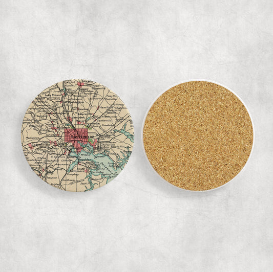 Baltimore Maryland Map Coasters | Set of 4 Vintage Baltimore Maryland Drink Coasters | Travel-Inspired Home Decor