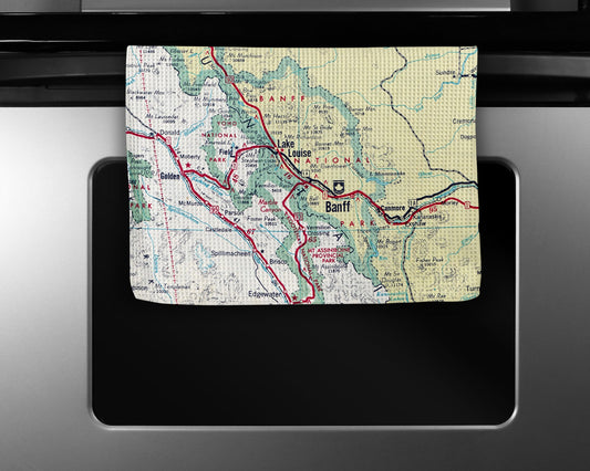 Banff Lake Louise Map Tea Towel | Waffle-Weave Kitchen Towel Gift