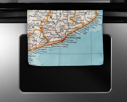Barcelona Spain Map Tea Towel | Waffle-Weave Kitchen Towel Gift